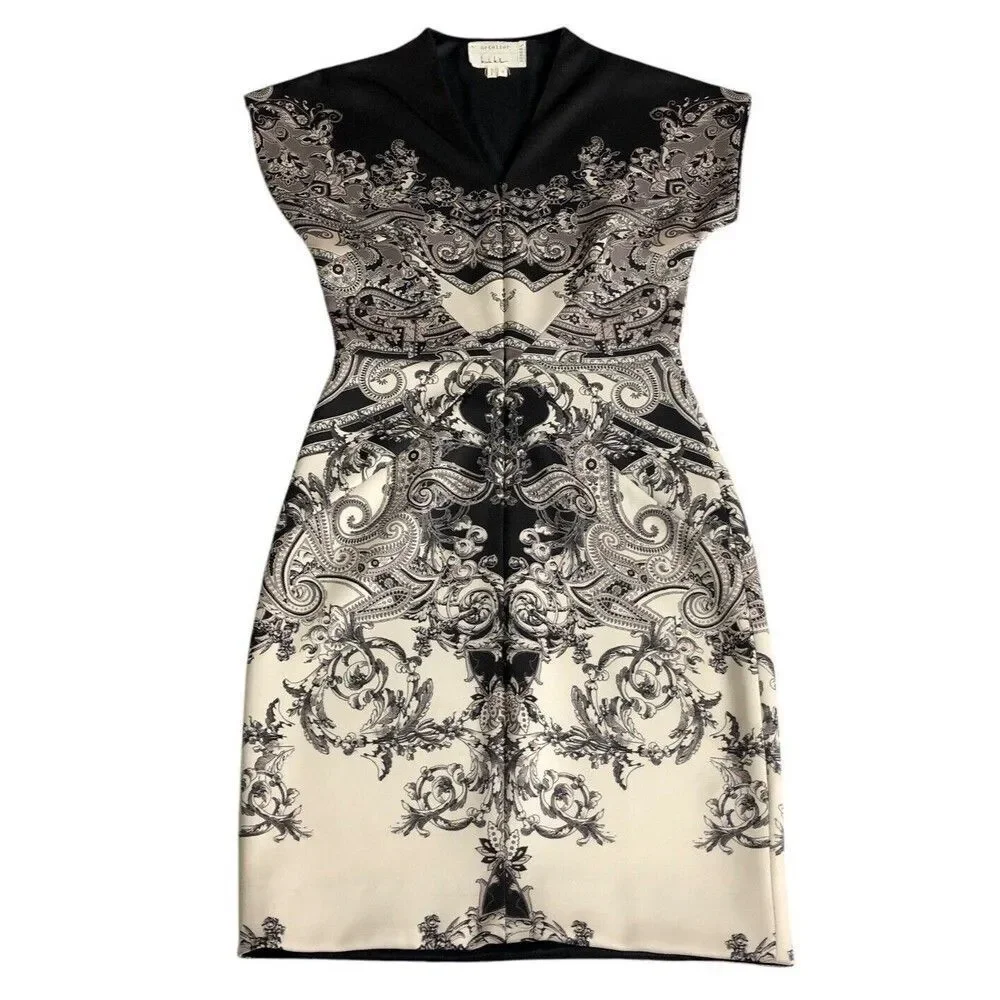 Artelier Nicole Miller Dress Womens 2 Brown Baroque‎ Front Zip Body Con Sheath